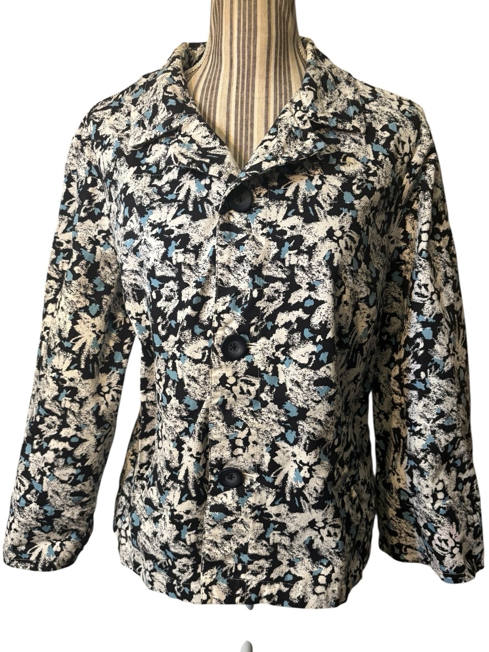 Christopher & Banks Jacket Blazer White Black Blue Floral ButtonUp Canvas Cotton